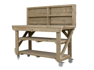Indoor/outdoor workbench pressure treated station (H-90cm, D-64cm, L-90cm) with back panel, double shelf and wheels