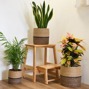 Indoor Planter Basket Natural Navy Seagrass Set of Three 25cm, 22cm & 17cm Diameter Garden Gear
