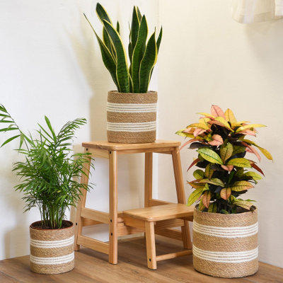 Indoor Planter Basket Natural Seagrass & Jute White Stripe Set of Three 25cm, 22cm & 17cm Diameter Garden Gear