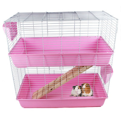 Indoor Rabbit Hutch 2 Tier Cage Bunny Guinea Pig Small Pet House in Pink