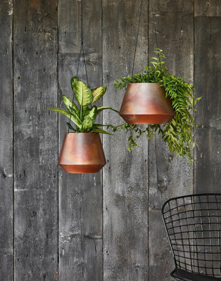 Indoor Soho Aged Copper Hanging Planter with Leather Strap H15Cm D21Cm