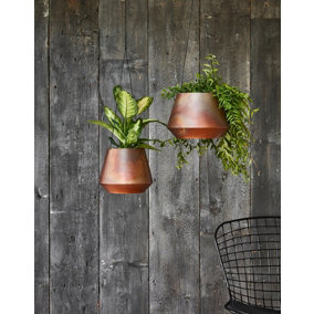 Indoor Soho Aged Hanging Planter with Leather Strap - Mild Steel - H15 x W21 x D21 cm - Copper