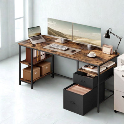 Industrial 140CM Computer Desk With Storage Shelves And Drawer Rustic Brown