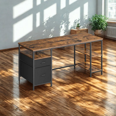 Industrial 140CM Computer Desk With Storage Shelves And Drawer Rustic Brown