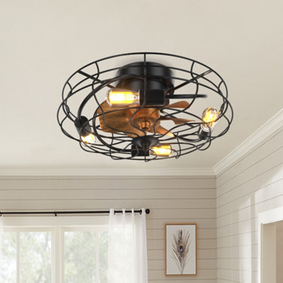 Industrial 20" Black Cage Ceiling Fan Light with Remote Control