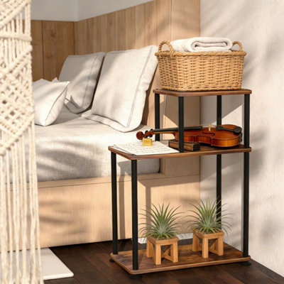 Industrial 3-Tier Storage Shelf - 67cm Metal Frame Side Table for Living Room & Bedroom, Easy Assemble Brown & Black