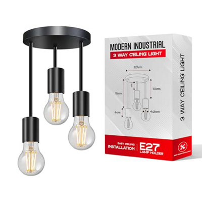 Industrial 3-Way Ceiling Light Black Metal E27 Base Holder with ...