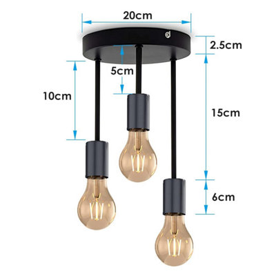 Industrial 3-Way Ceiling Light Black Metal E27 Base Holder with ...