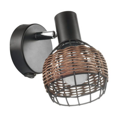 Industrial and Vintage Black Switched Wall Light with Dark Rattan Framed Shade