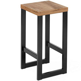 Industrial Bar Stools 60cm (23.6'') with Footrest, Black Metal Frame, Retro Chair for Living Room or Home Pub, Rustic Wood Seat.