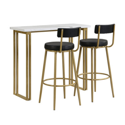 Industrial Bar Table Set with 2 Chairs, Counter Height Kitchen Dining Table, Coffee Bar, Black+Gold+White