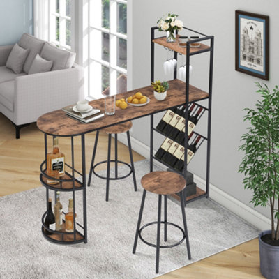 Industrial Bar Table Set with 2 Chairs, Counter Height Kitchen Dining Table, Wine Rack, and Side Storage,  (Rustic Brown)