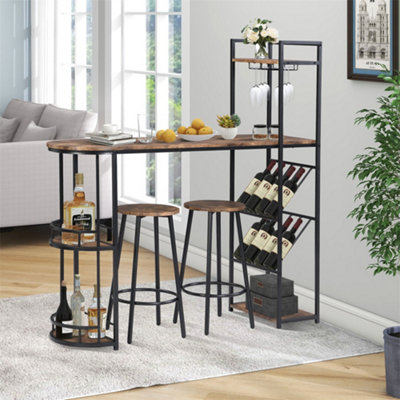 Industrial Bar Table Set with 2 Chairs Counter Height Kitchen Dining Table Wine Rack and Side Storage Rustic Brown