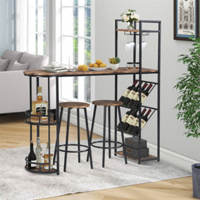 Industrial Bar Table Set with 2 Chairs, Counter Height Kitchen Dining Table, Wine Rack, and Side Storage, (Rustic Brown)