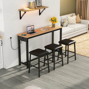 Industrial Bar Table Set with 3 Chairs, Modern Counter Height Kitchen Dining Table for 3, Simple and Stylish, Black+Oak