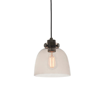 Industrial Ceiling Pendant Light Fitting - Matt Black & Smoked Grey Glass