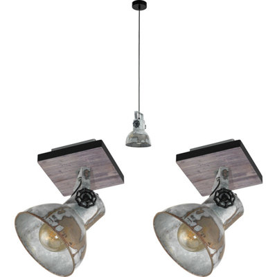 Industrial Ceiling Pendant Light with Matching Wall Lights in Raw Steel Finish
