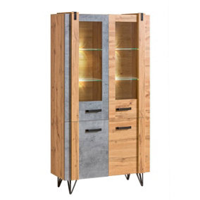 Industrial Chic: Lofter Display Cabinet, Oak Wotan & Concrete, H1871mm W901mm D413mm