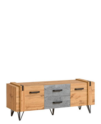 Industrial Chic: Lofter TV Cabinet, Oak Wotan & Concrete, H571mm W1350mm D413mm