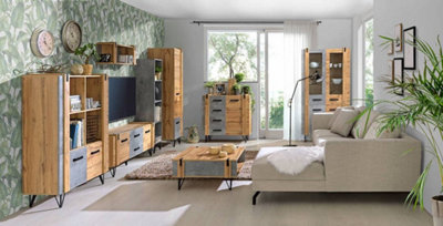 Industrial Chic: Lofter TV Cabinet, Oak Wotan & Concrete, H571mm W1350mm D413mm