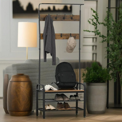 Industrial Coat Rack Stand With 2 Shelves & 8 Hooks