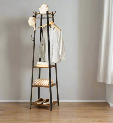 Industrial Coat Rack with Hooks and 3-Tier Storage Shelves - Black ...