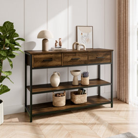 Industrial Console Table Narrow Entryway Table with 3 Drawers and 2-Tier Storage Shelves 109 x 34 x 77cm