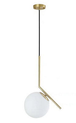 Industrial design ceiling pendant light with gold finish arm and large globe glass