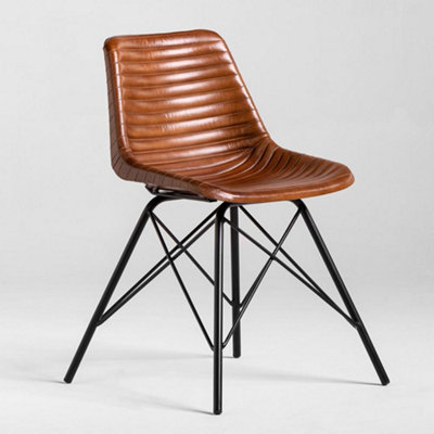 Industrial Dining Chair Brown Ribbed Leather Seat Black Metal Cross Leg Base