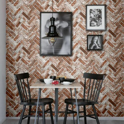 Industrial Distressed Herringbone Brick Red Textured 3D Effect Wallpaper 174501