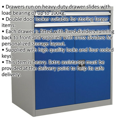 Industrial Double Locker Cabinet - 900 x 450 x 1000mm - 2 Drawers & 1 Shelf
