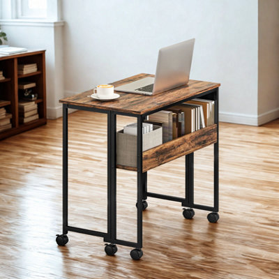 Industrial Drop Leaf Extendable Computer Writing Desk with Wheels