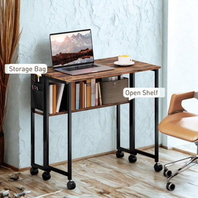 Industrial Drop Leaf Extendable Computer Writing Desk with Wheels