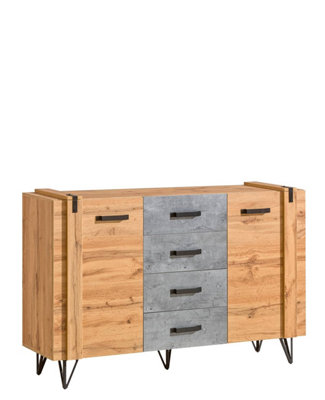 Industrial Elegance: Lofter Sideboard, Oak Wotan & Concrete, H970mm W1350mm D413mm