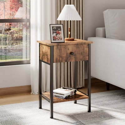 Industrial End Table with Drawer and Storage Shelf Retro Bedside Tables Organizer for Living Room Bedroom
