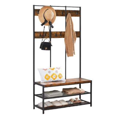 Industrial Entryway Coat Rack with 12 Hooks and Bench