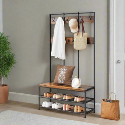 Industrial Entryway Coat Rack with 12 Hooks and Bench