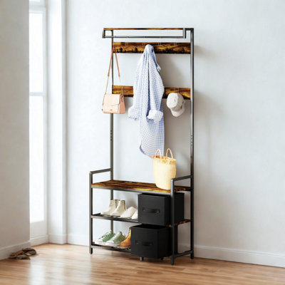 Industrial Entryway Hall Tree Coat Rack Stand With Shoe Storage and Drawers
