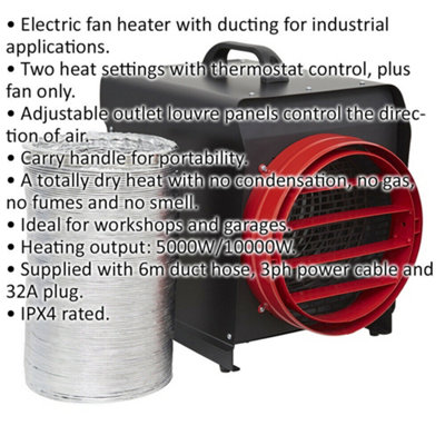 Industrial Fan Heater with 6m Ducting - 10 Kilowatt - Thermostat Control