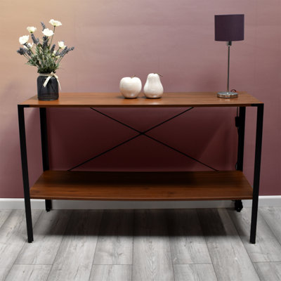 Industrial Inspired Walnut Effect Console Table W/ Black Metal Frame