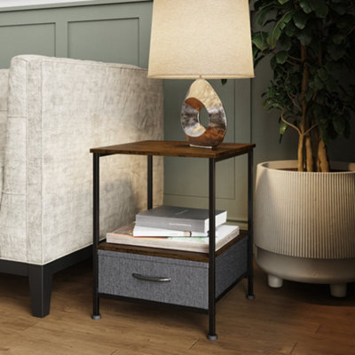 Industrial Inspired Walnut Storage Side Table With Drawer