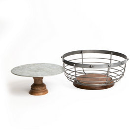 Industrial Kitchen Mango Wood Footed Cake Stand and Wire Fruit Basket Set