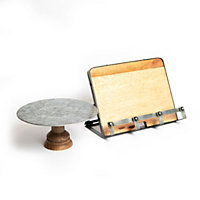 Industrial Kitchen Mango Wood Footed Cake Stand and Wood Metal Cookbook Stand Set