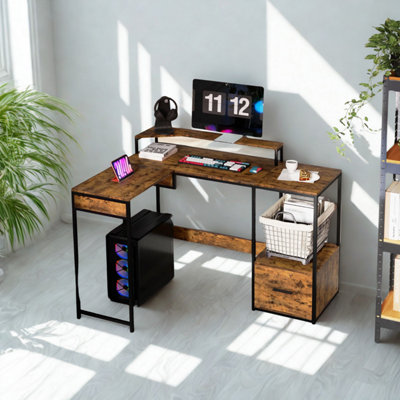 Industrial L Shaped Computer Desk With Storage Drawer and Monitor Stand