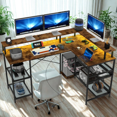 Industrial L Shaped Computer Desk With USB Outlets and LED Lights