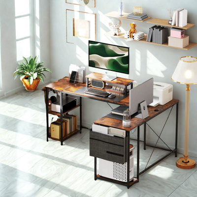 Industrial Large Adjustable L Shaped Computer Desk Storage Shelves Rustic