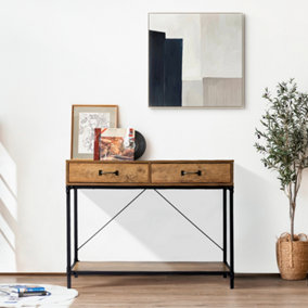 Industrial Metal Framed Wooden Side Table with Drawers