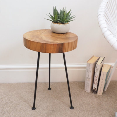 Industrial Natural Wood Side Table - Rustic Wood Coffee Table with Metal Legs - Small Round Wooden Side Table