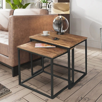 Industrial Nest of 2 Tables - Sawn Finish - Mango Wood/Iron - L50 x W50 x H50 cm - PP Sawn Finish