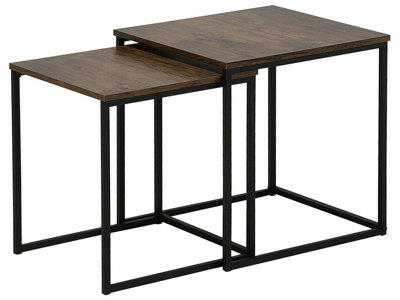 Industrial Nesting Coffee Tables Set of 2 - Dark Brown Wood Veneer, Black Hairpin Legs, Square.